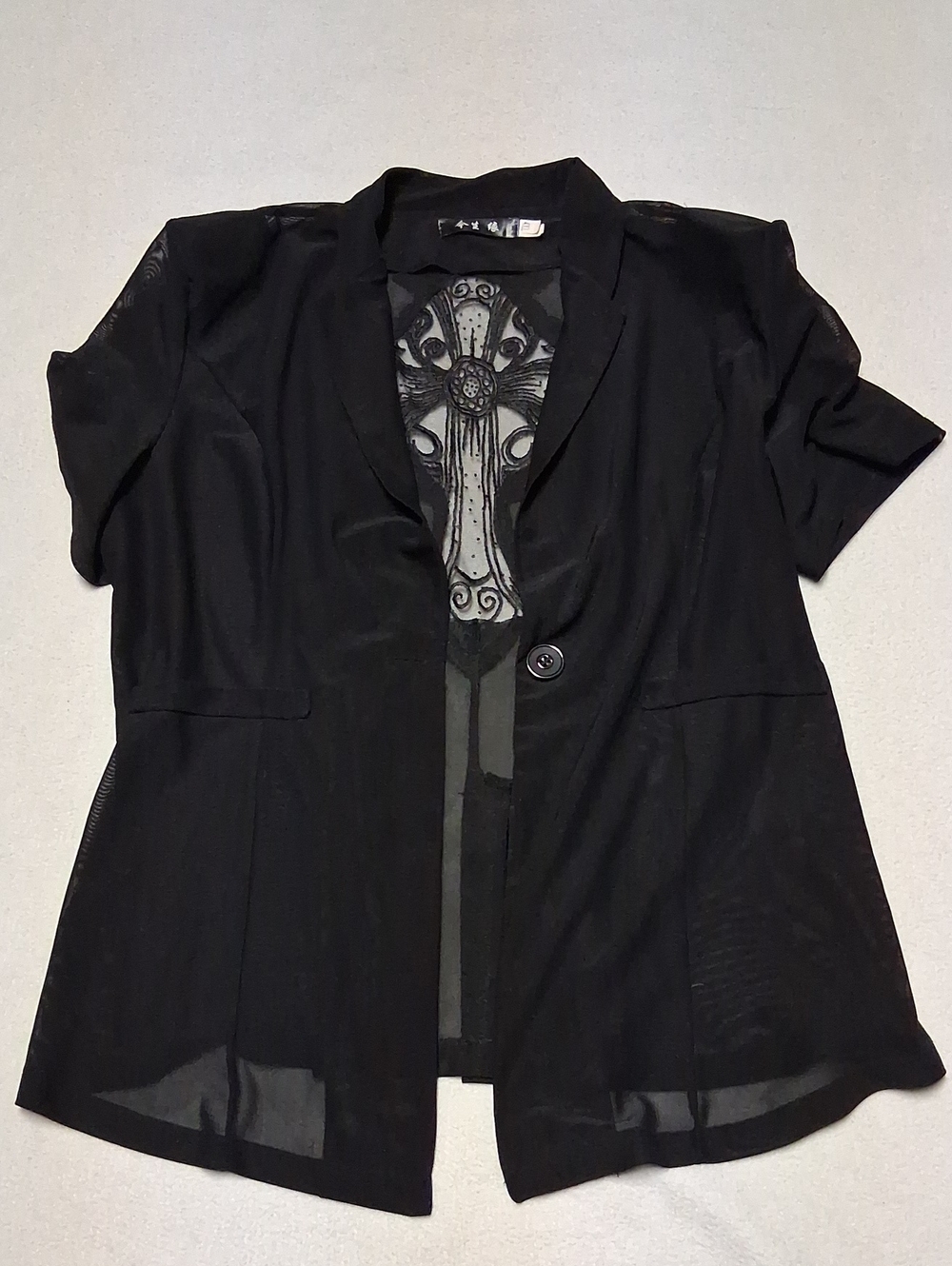 Black Short-Sleeve Sheer-Back Blazer Top